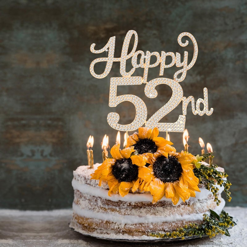 LASKYER Happy 52nd Birthday Decorations,52nd Birthday Gold Rhinestone Cake Topper - Cheers to 52 Years Old Bday Party Metal Sparkly Cake Centerpieces Sign. - Image 4